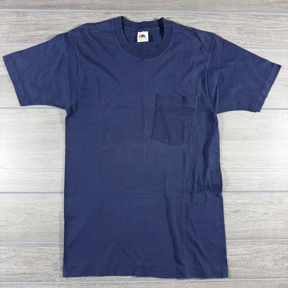 Fruit of the Loom T-Shirt Small Navy Blue Vintage Single Stitch Pocket Tee